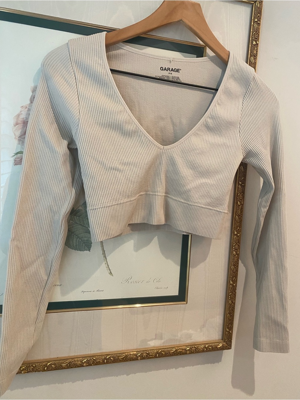 Garage Ribbed V-Neck Long Sleeve Crop Top in Light Beige